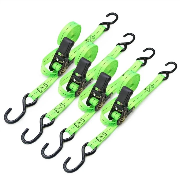 Rubber Handle Green Lashing Strap 4 Piece Tie Down Ratchet Strap With S Hook