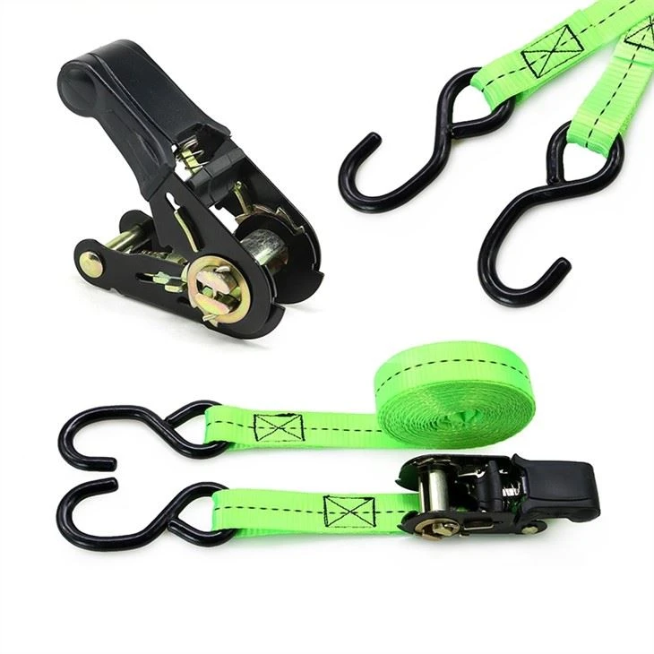 Rubber Handle Green Lashing Strap 4 Piece Tie Down Ratchet Strap With S Hook